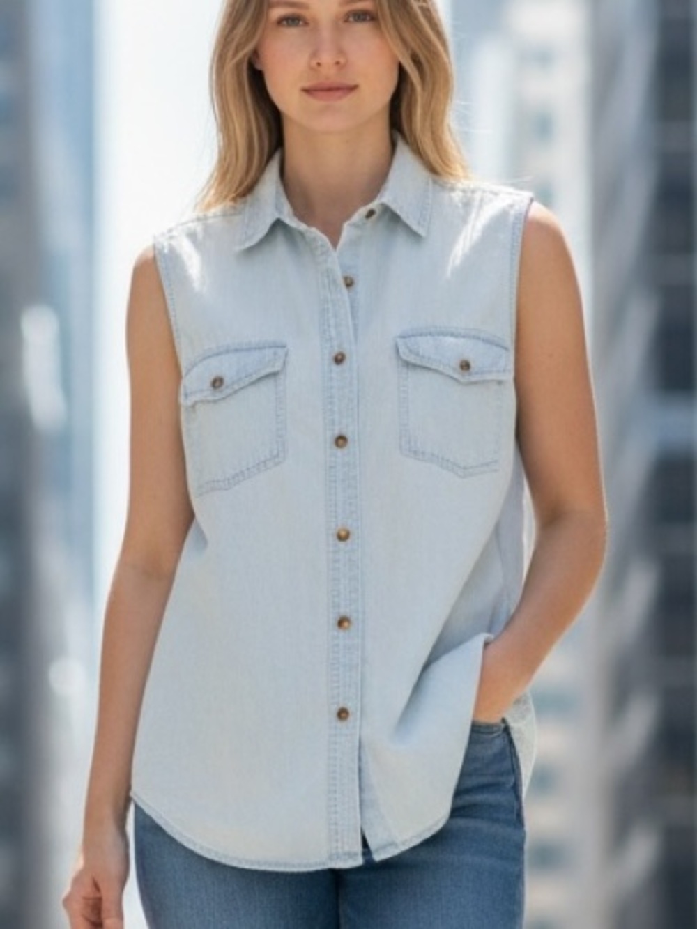 VTG Acid Washed Jean -Light Blue-Sleeveless, Back Yolk, 2 Pocket, Nice Button Up